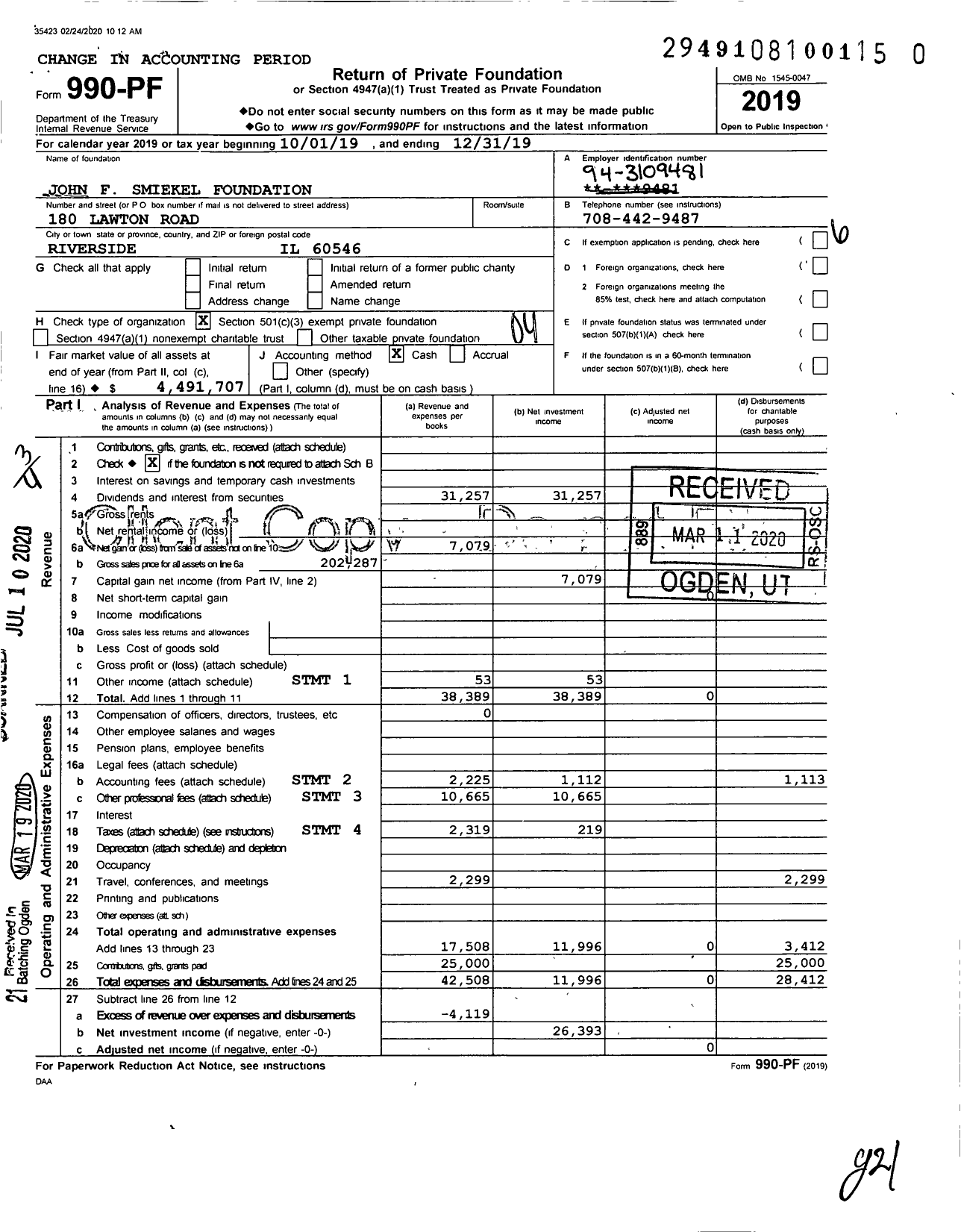 Image of first page of 2019 Form 990PR for John F Smiekel Foundation