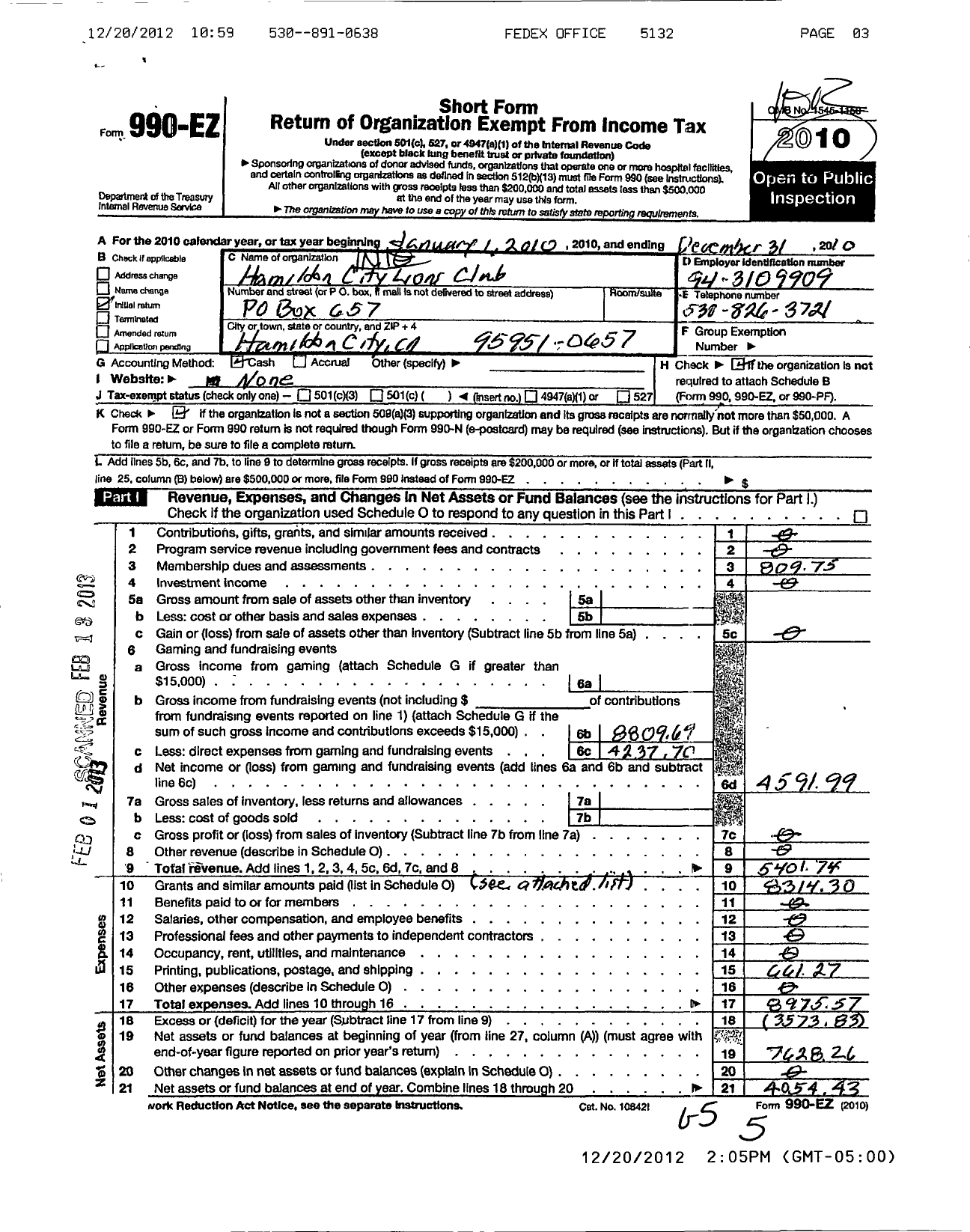 Image of first page of 2010 Form 990EO for Lions Clubs - 45867 Hamilton City