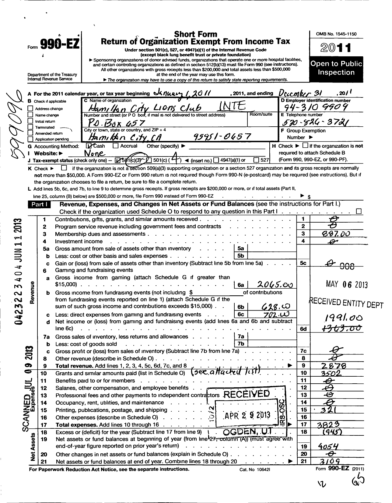 Image of first page of 2011 Form 990EO for Lions Clubs - 45867 Hamilton City