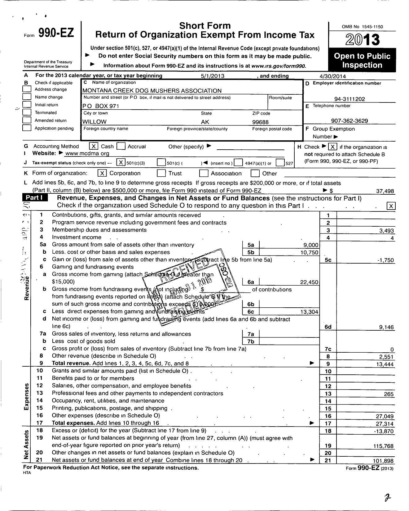 Image of first page of 2013 Form 990EZ for Montana Creek Dog Mushers