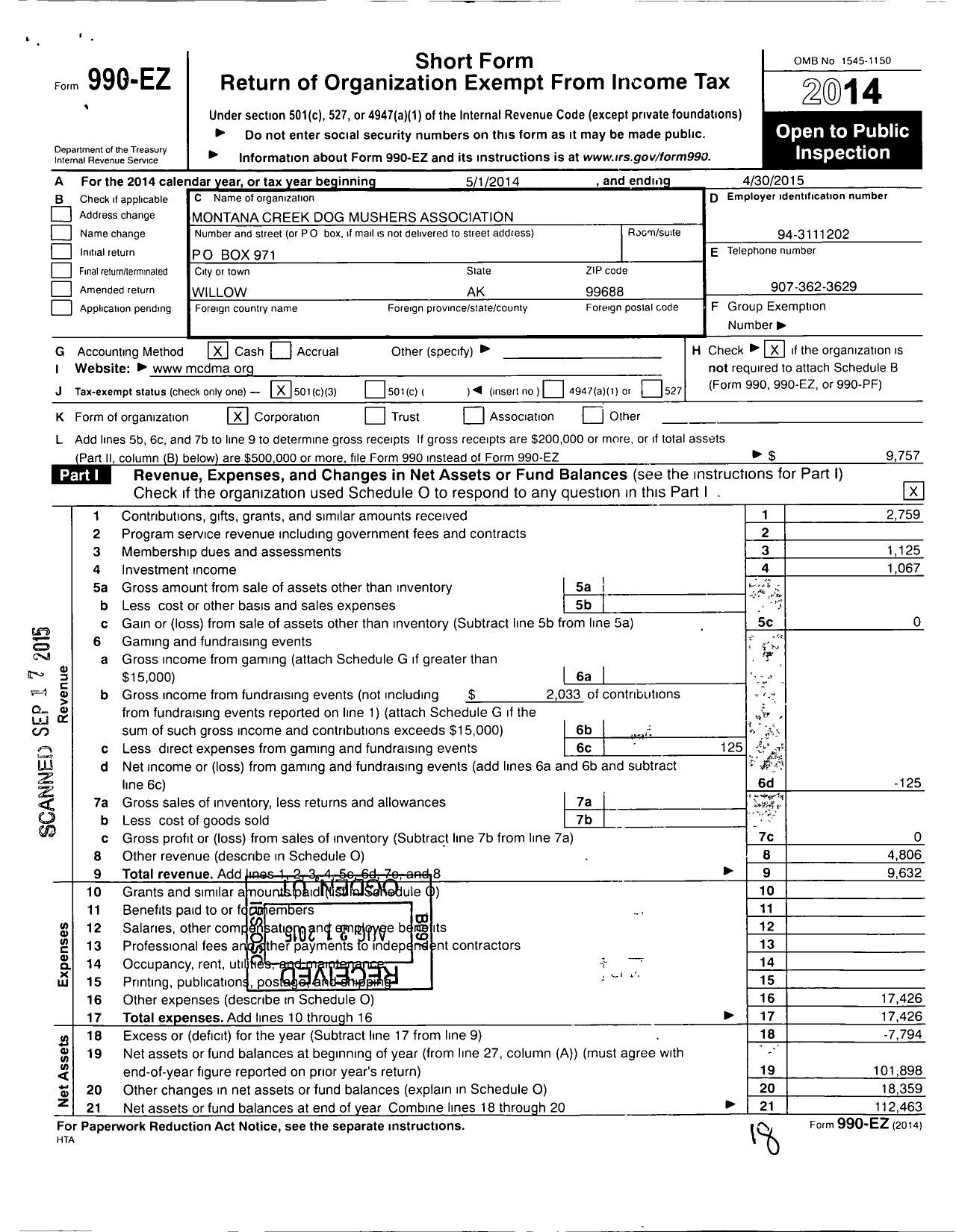 Image of first page of 2014 Form 990EZ for Montana Creek Dog Mushers