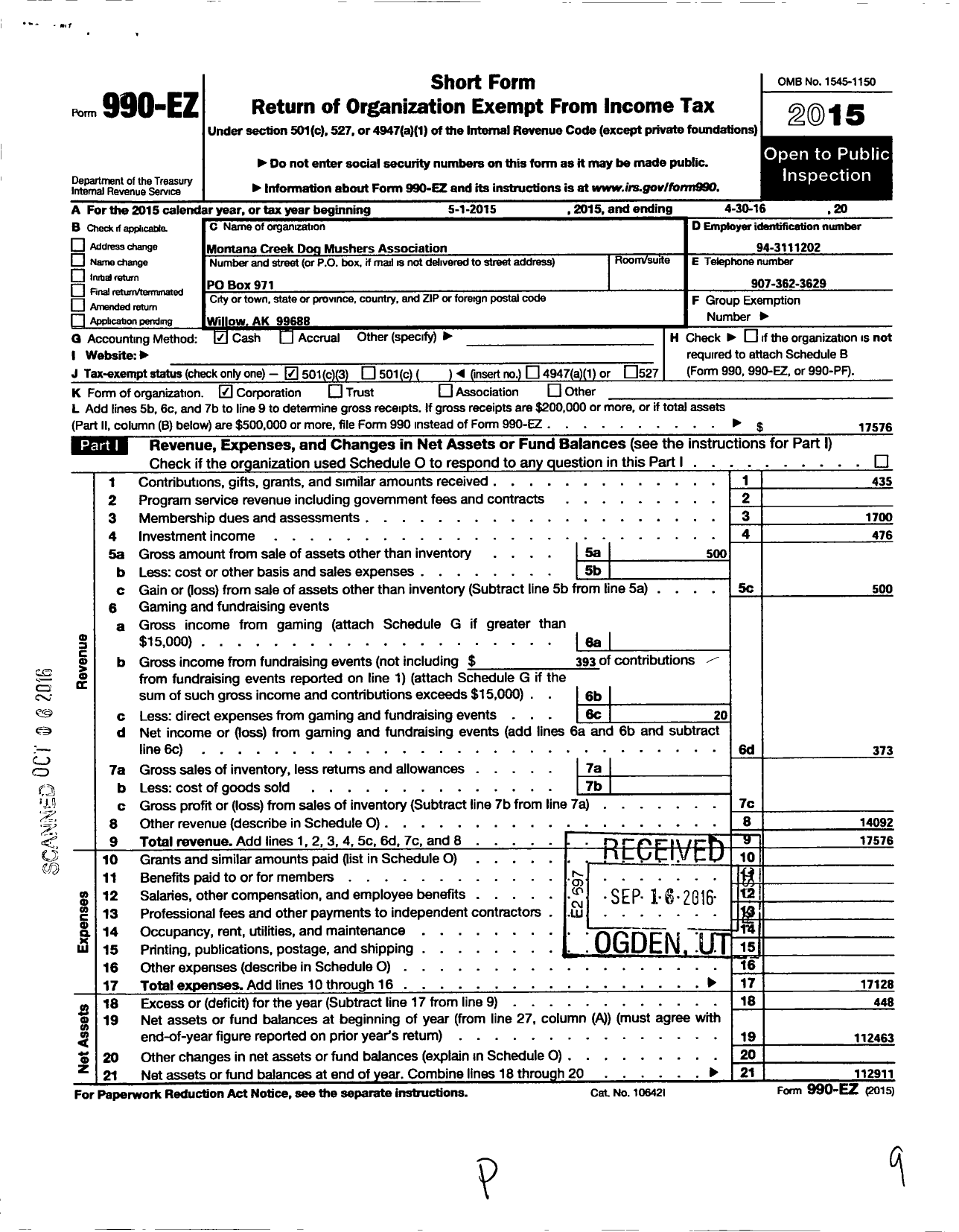 Image of first page of 2015 Form 990EZ for Montana Creek Dog Mushers