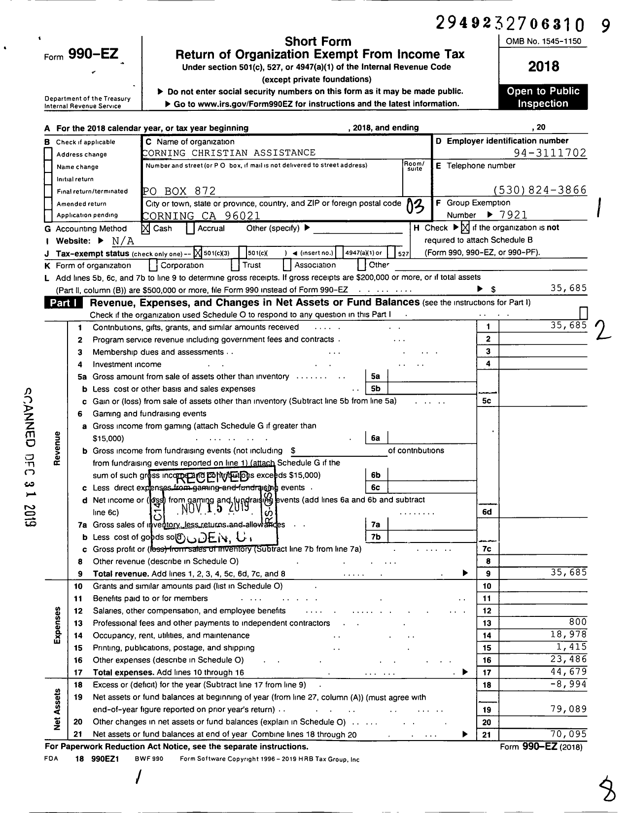 Image of first page of 2018 Form 990EZ for Corning Christian Assistance