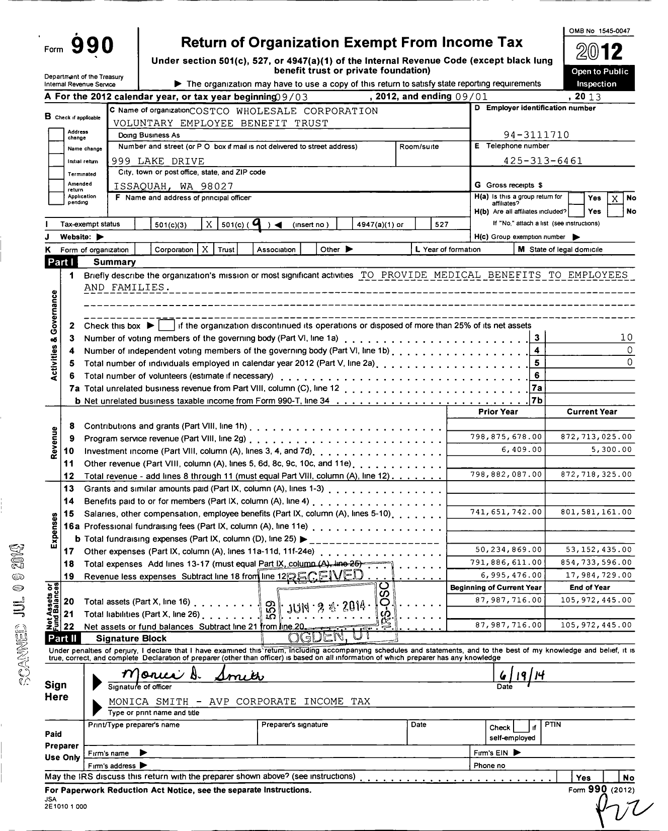 Image of first page of 2012 Form 990O for Costco Wholesale Corporation Voluntary Employee Benefit Trust