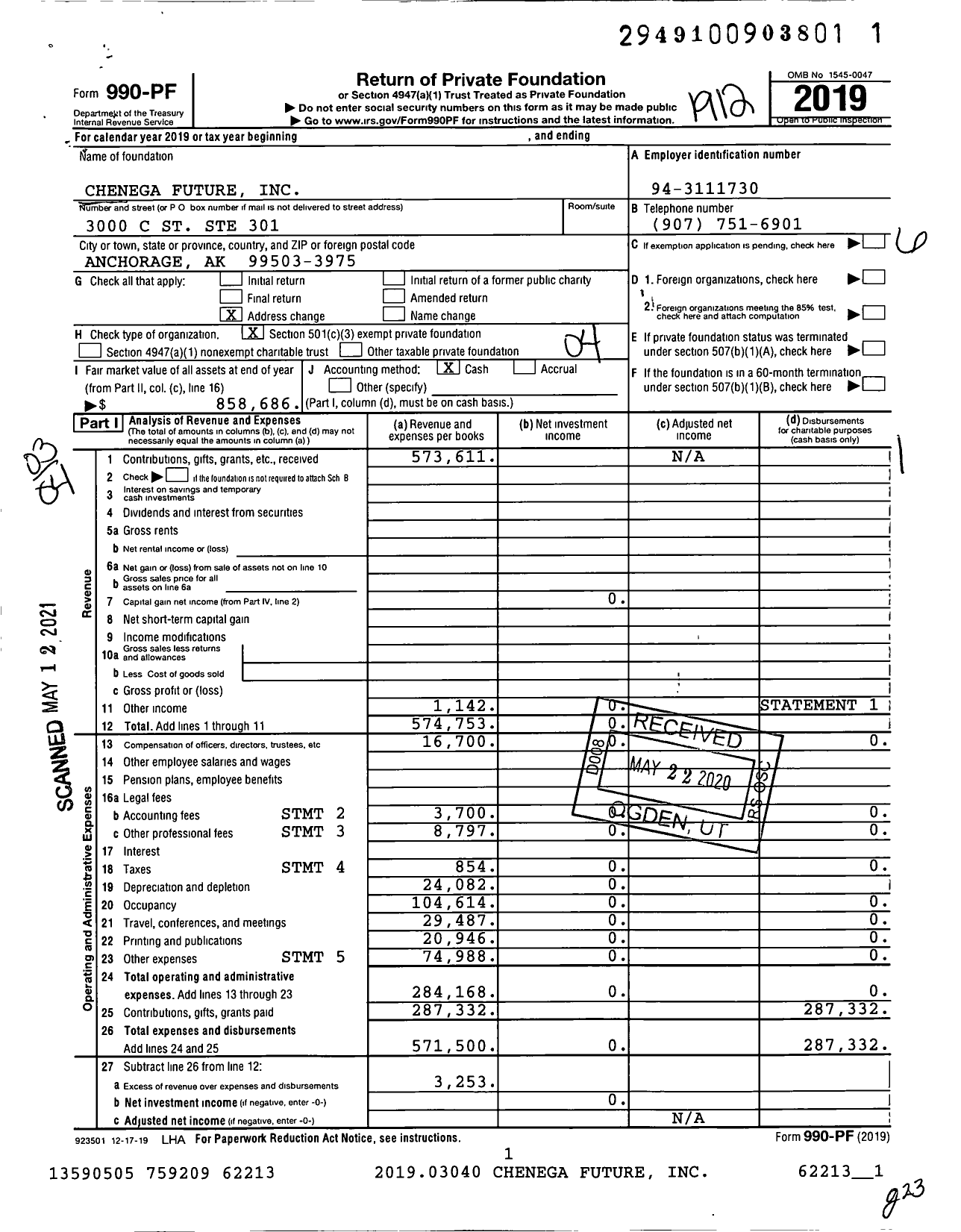 Image of first page of 2019 Form 990PF for Chenega Future