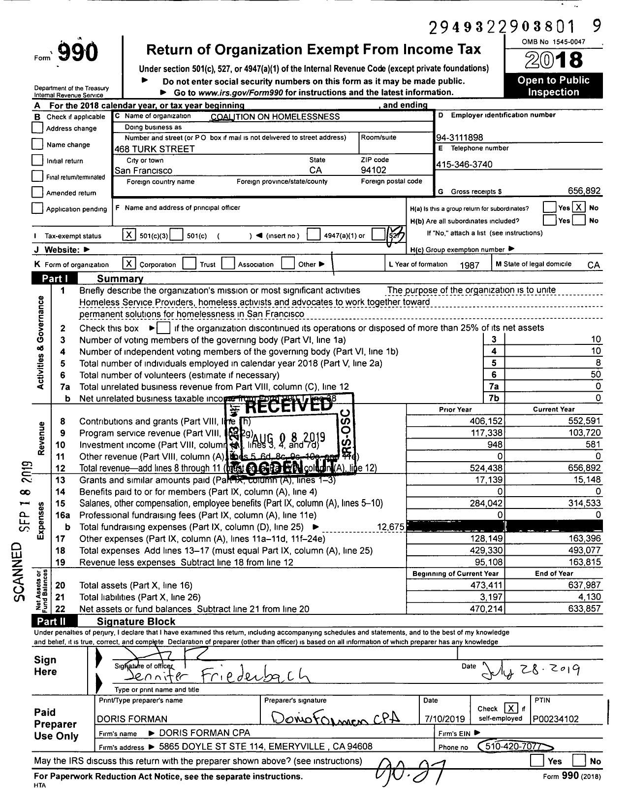 Image of first page of 2018 Form 990 for Coalition On Homelessness