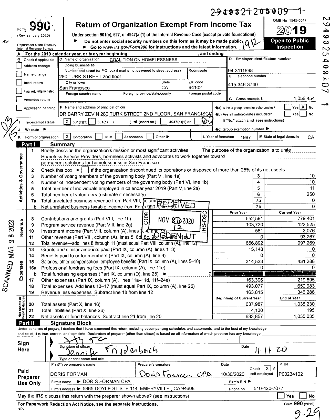 Image of first page of 2019 Form 990 for Coalition On Homelessness