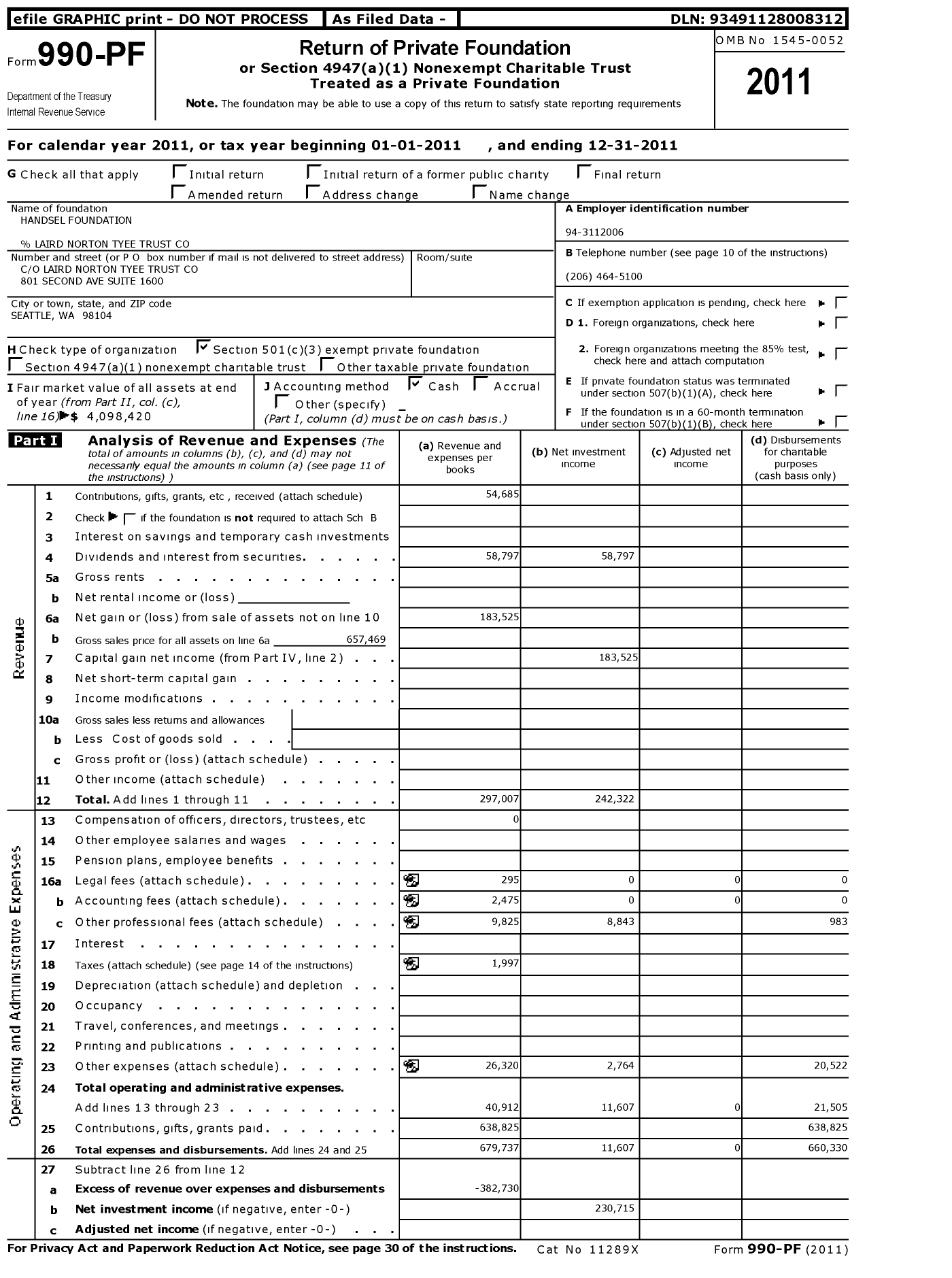 Image of first page of 2011 Form 990PF for Handsel Foundation