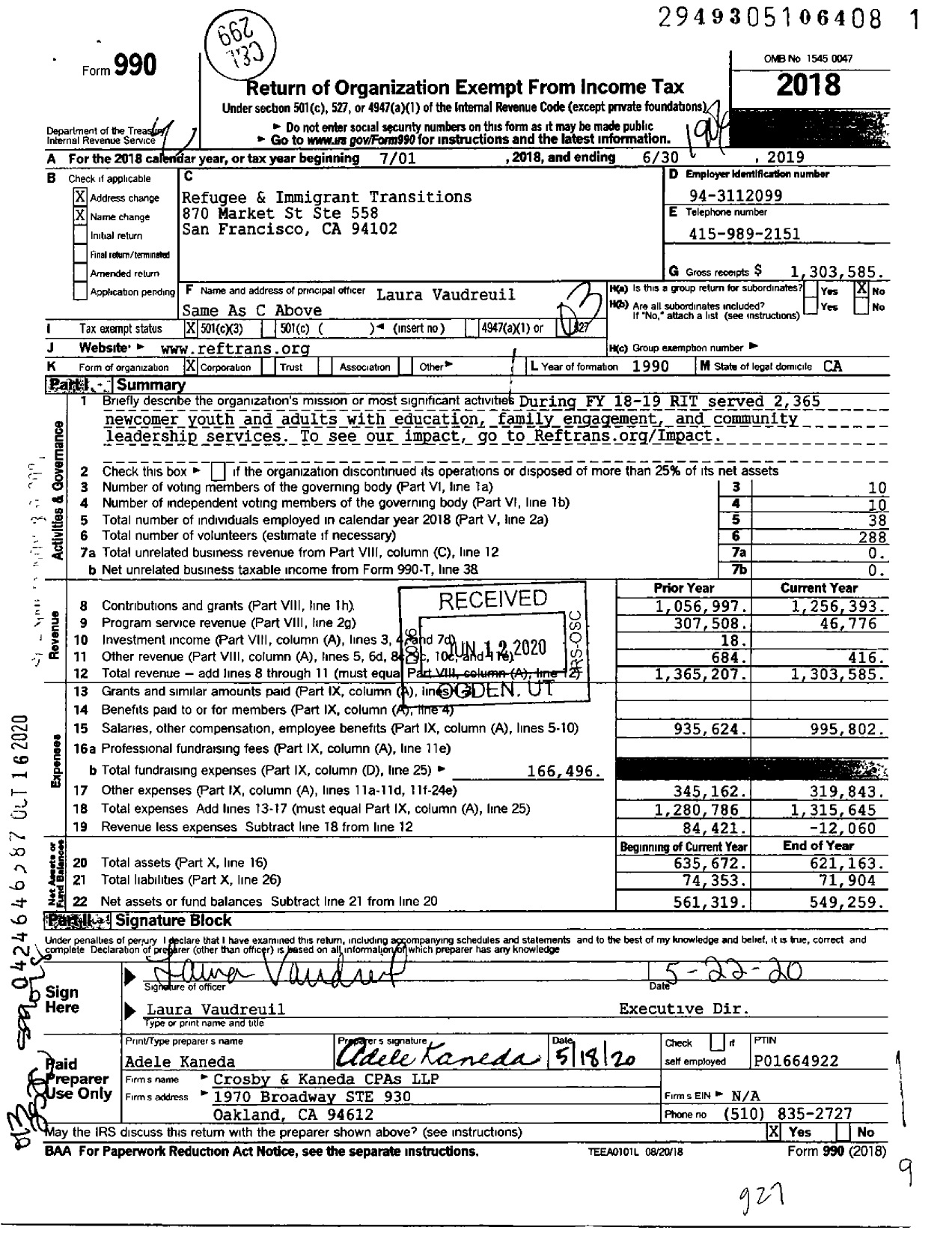 Image of first page of 2018 Form 990 for Refugee & Immigrant Transitions