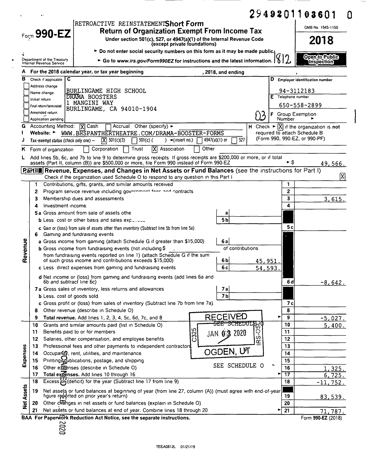 Image of first page of 2018 Form 990EZ for Burlingame High School Drama Boosters