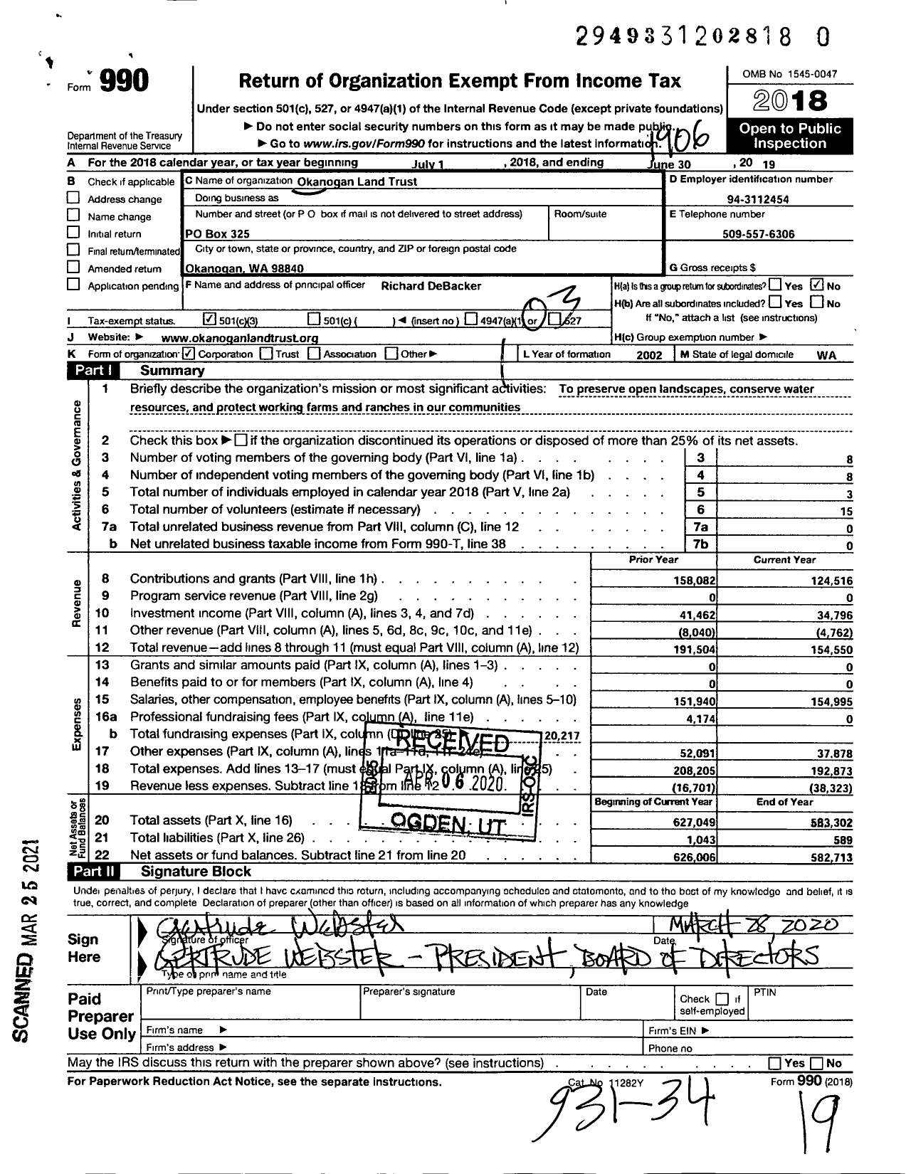 Image of first page of 2018 Form 990 for Okanogan Land Trust