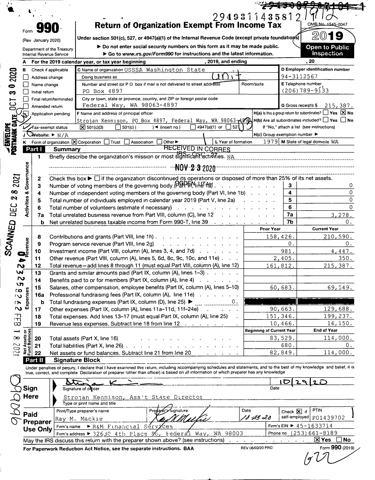 Image of first page of 2019 Form 990 for USSSA Washington State
