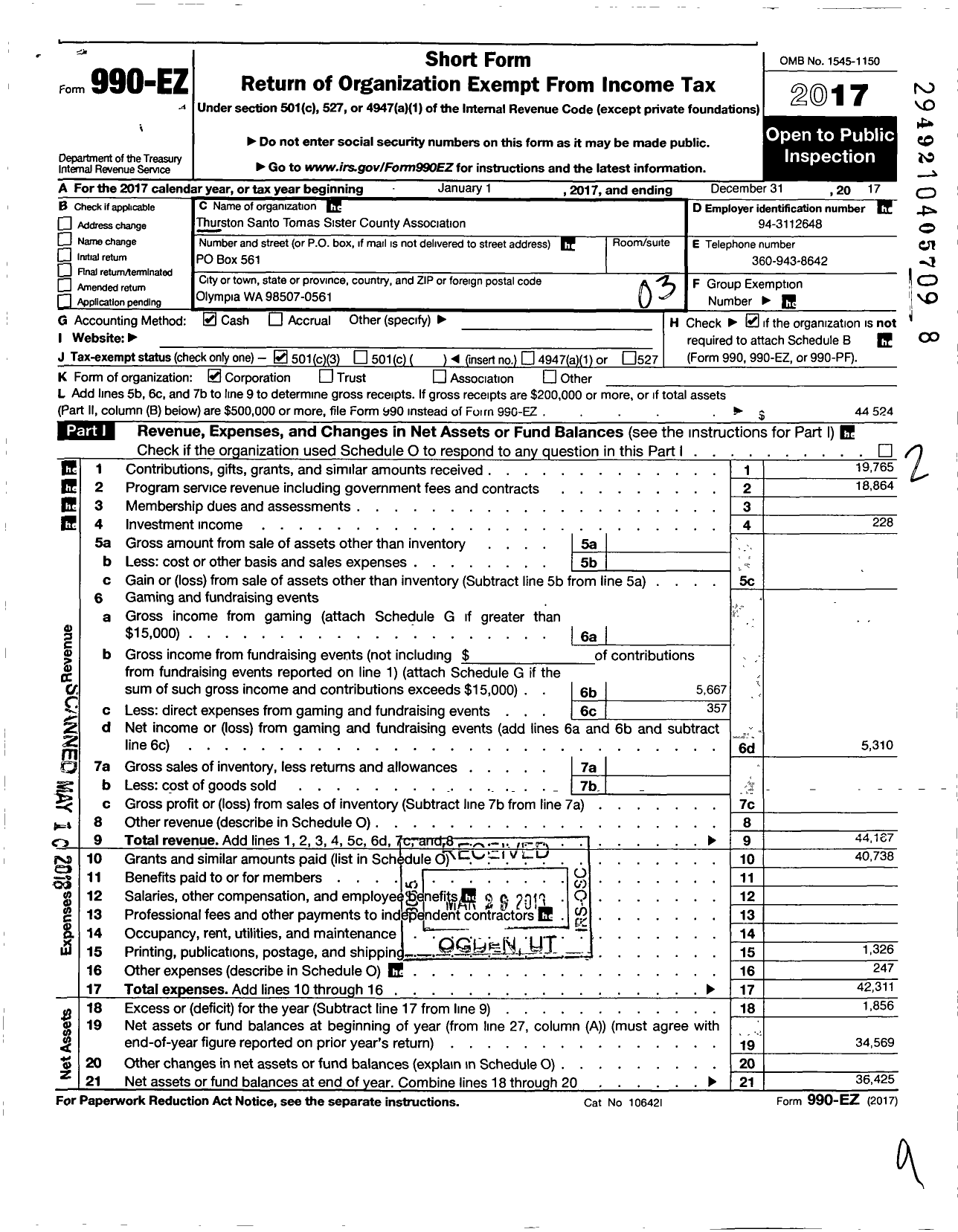 Image of first page of 2017 Form 990EZ for Thurston Santo Tomas Sister County Association