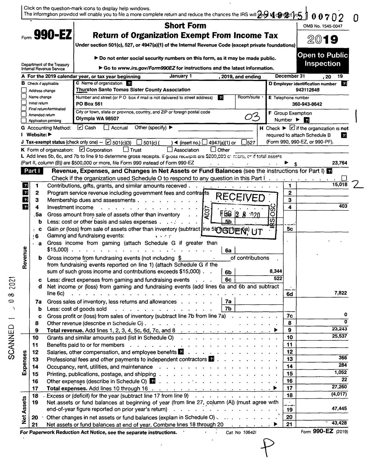 Image of first page of 2019 Form 990EZ for Thurston Santo Tomas Sister County Association