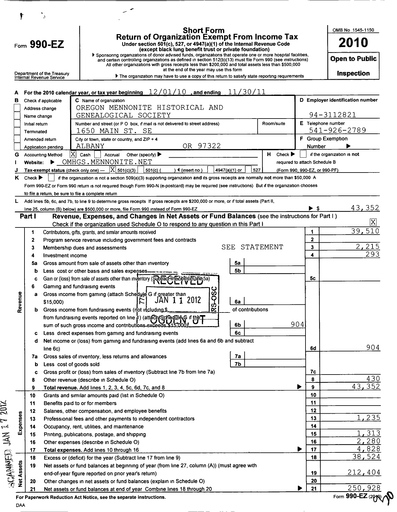 Image of first page of 2010 Form 990EZ for Oregon Mennonite Historical and Genealogical Society