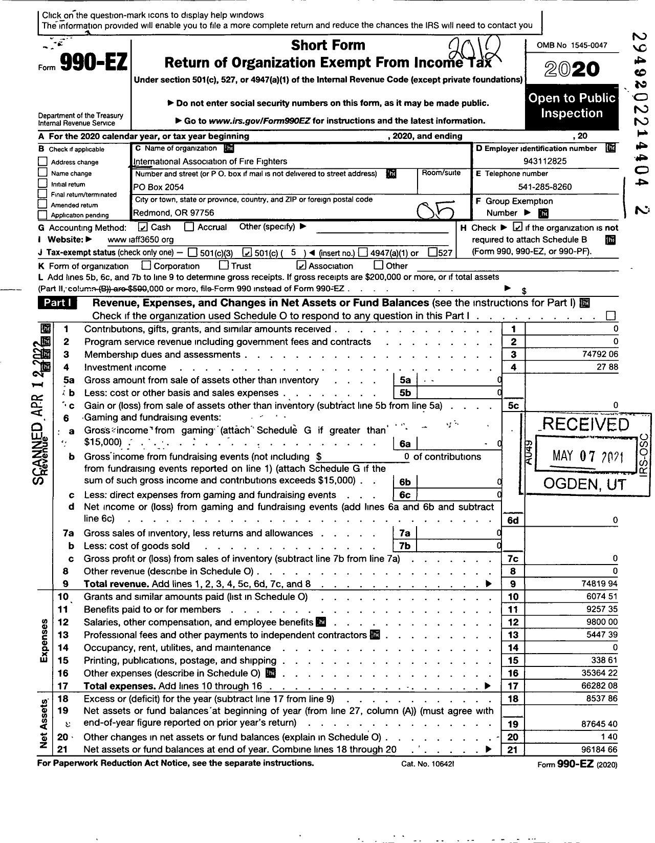 Image of first page of 2020 Form 990EO for International Association of Fire Fighters - L3650 Redmond