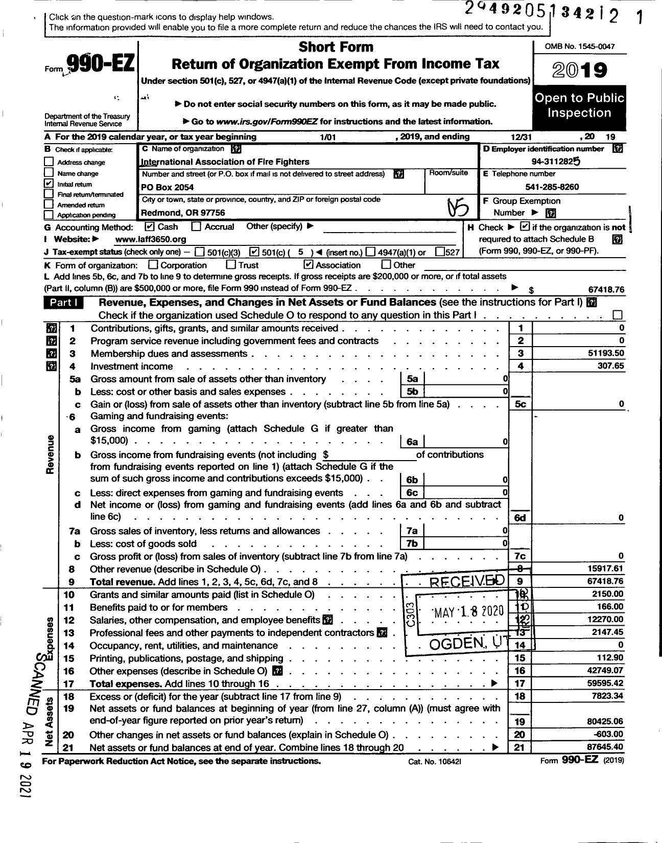 Image of first page of 2019 Form 990EO for International Association of Fire Fighters - L3650 Redmond