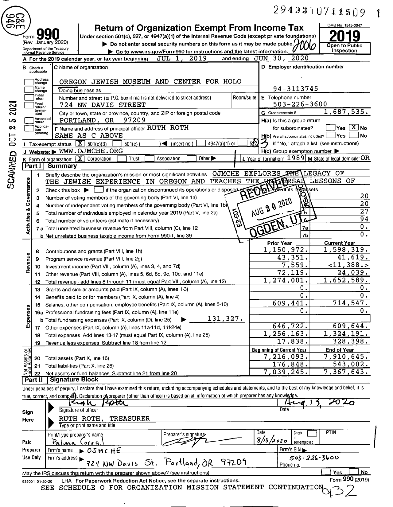 Image of first page of 2019 Form 990 for Oregon Jewish Museum and Center for Holocaust Education