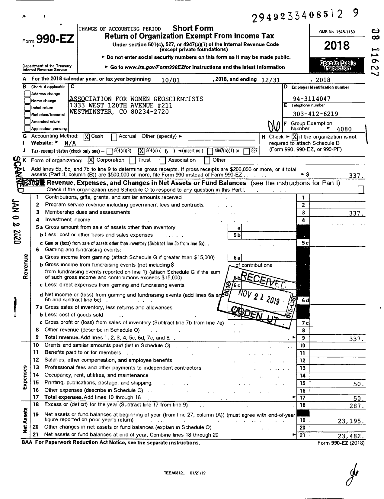 Image of first page of 2018 Form 990EO for Association for Women Geoscientists / Group Return