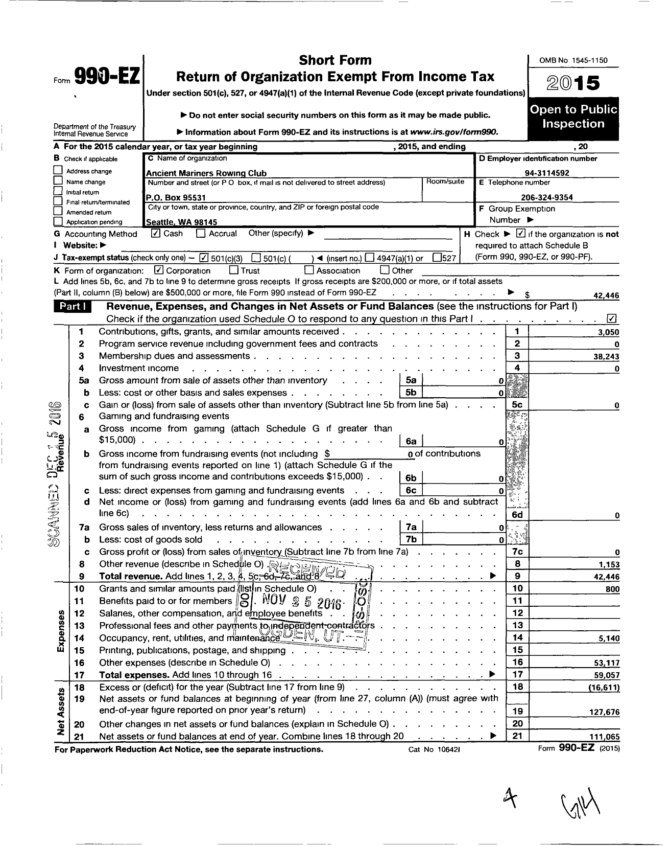 Image of first page of 2015 Form 990EZ for Ancient Mariners Rowing Club