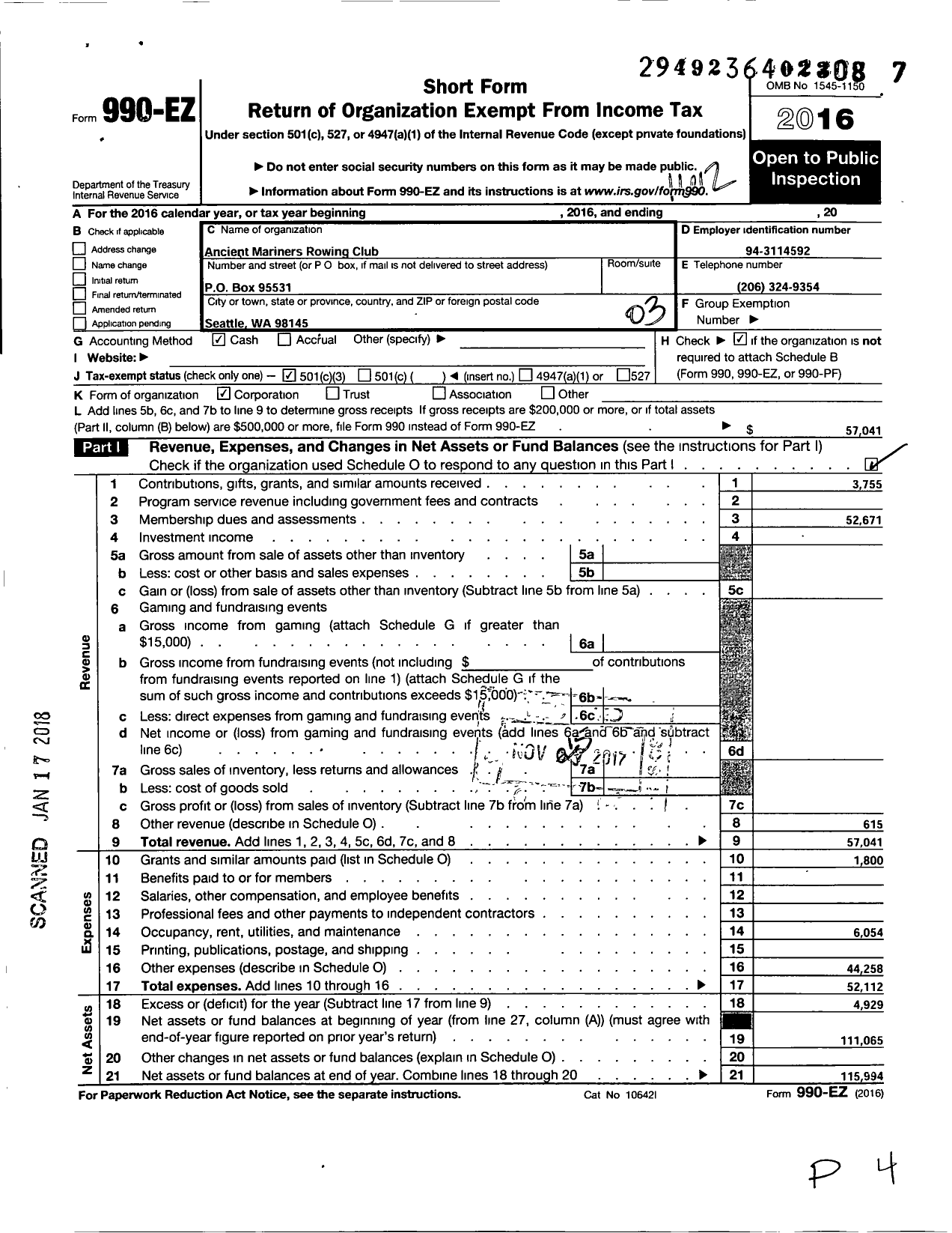 Image of first page of 2016 Form 990EZ for Ancient Mariners Rowing Club