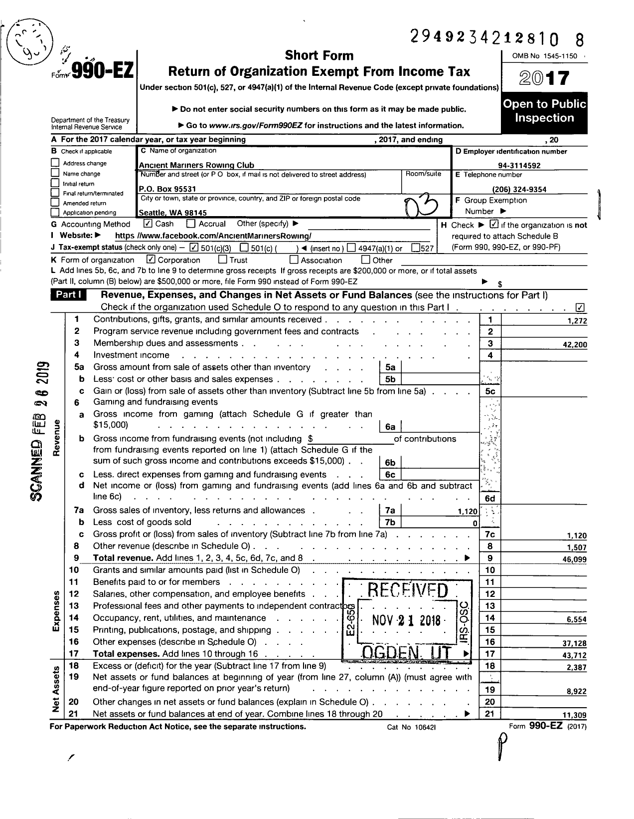 Image of first page of 2017 Form 990EZ for Ancient Mariners Rowing Club