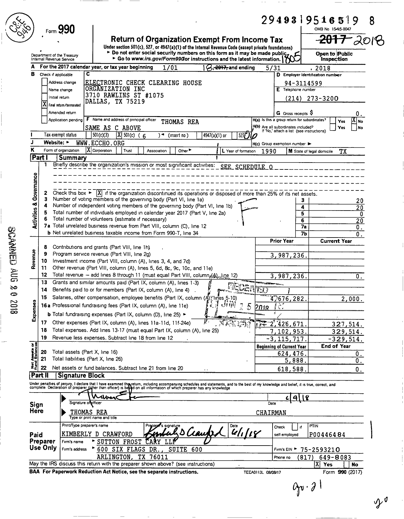Image of first page of 2017 Form 990O for Electronic Check Clearing House Organization -- (ECCHO)