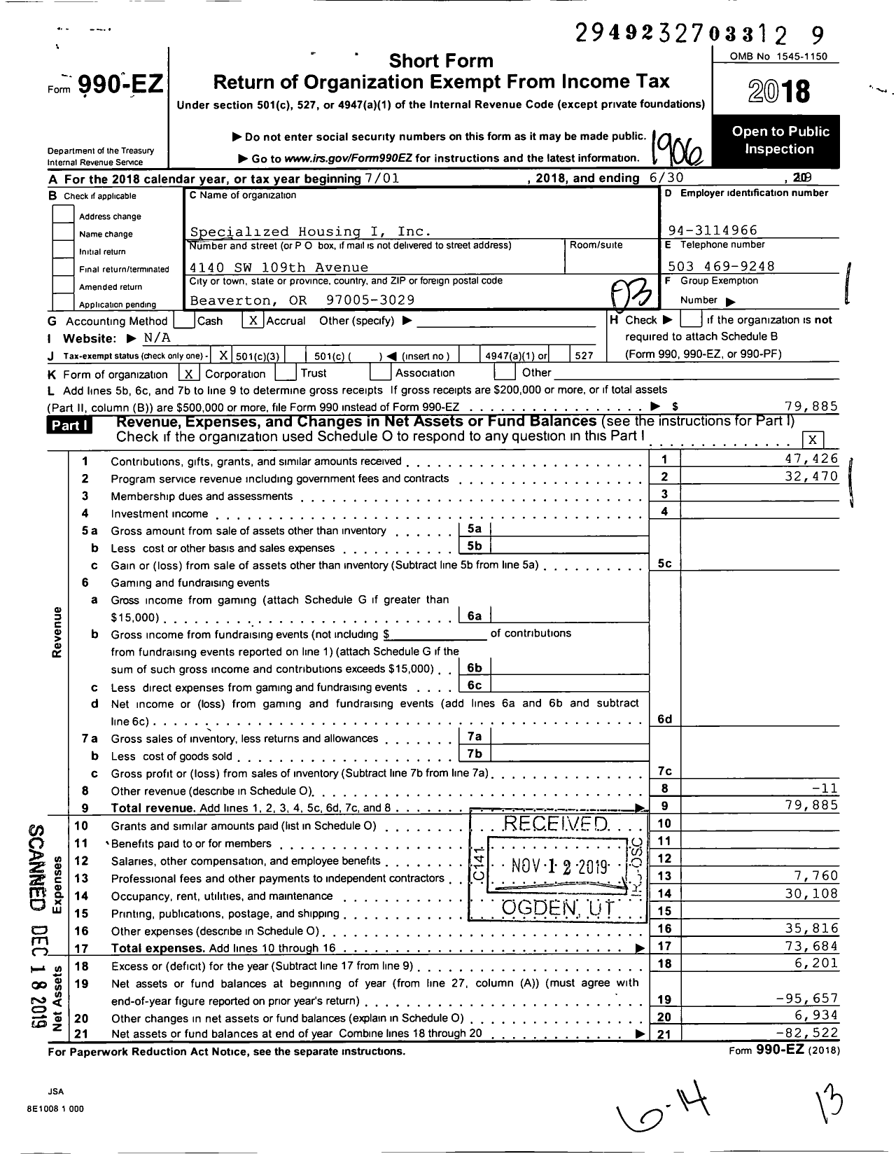 Image of first page of 2018 Form 990EZ for Specialized Housing I