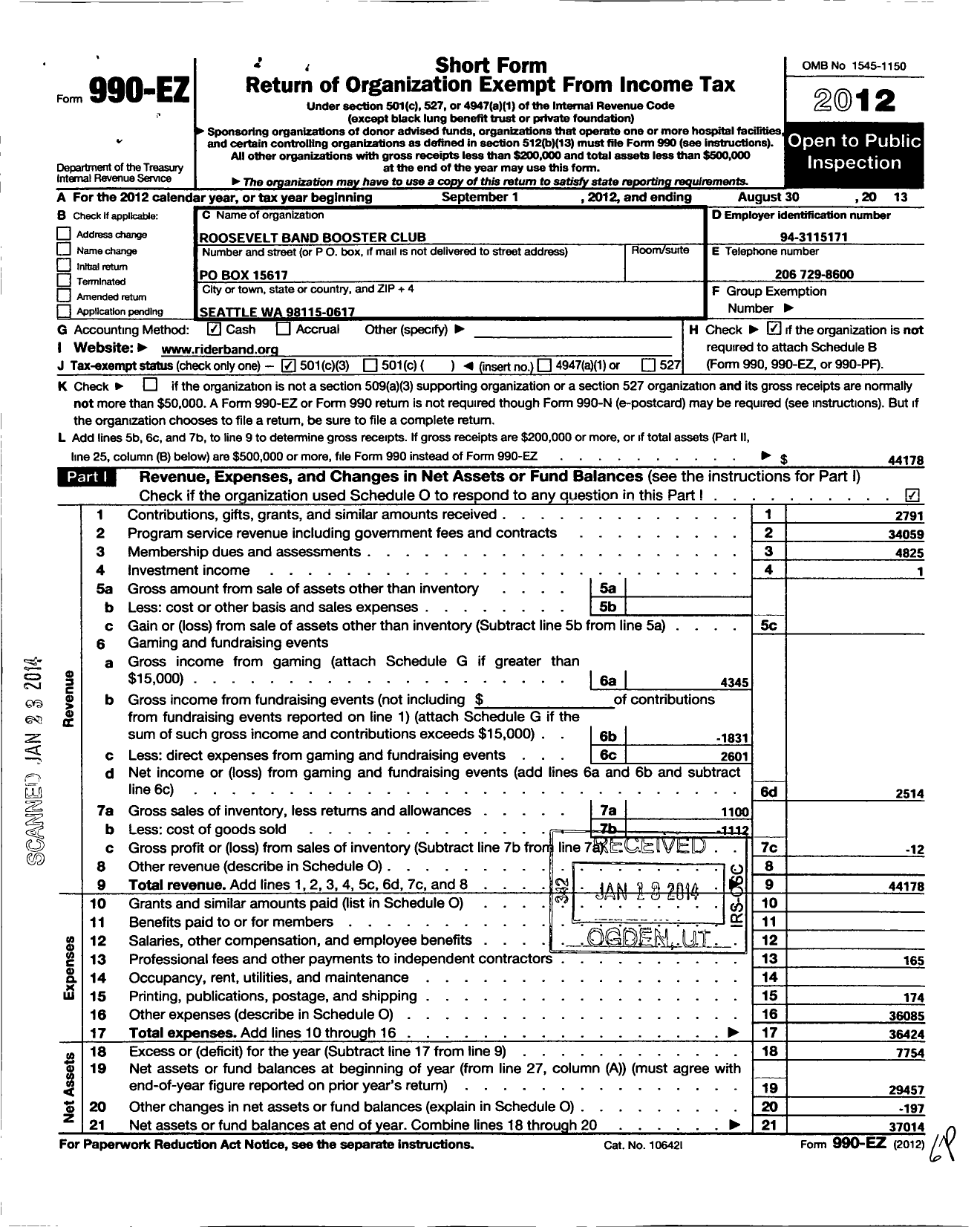 Image of first page of 2012 Form 990EZ for Roosevelt Band Booster Club