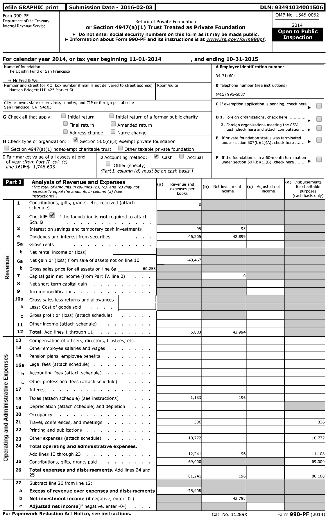 Image of first page of 2014 Form 990PF for The Upjohn Fund of San Francisco