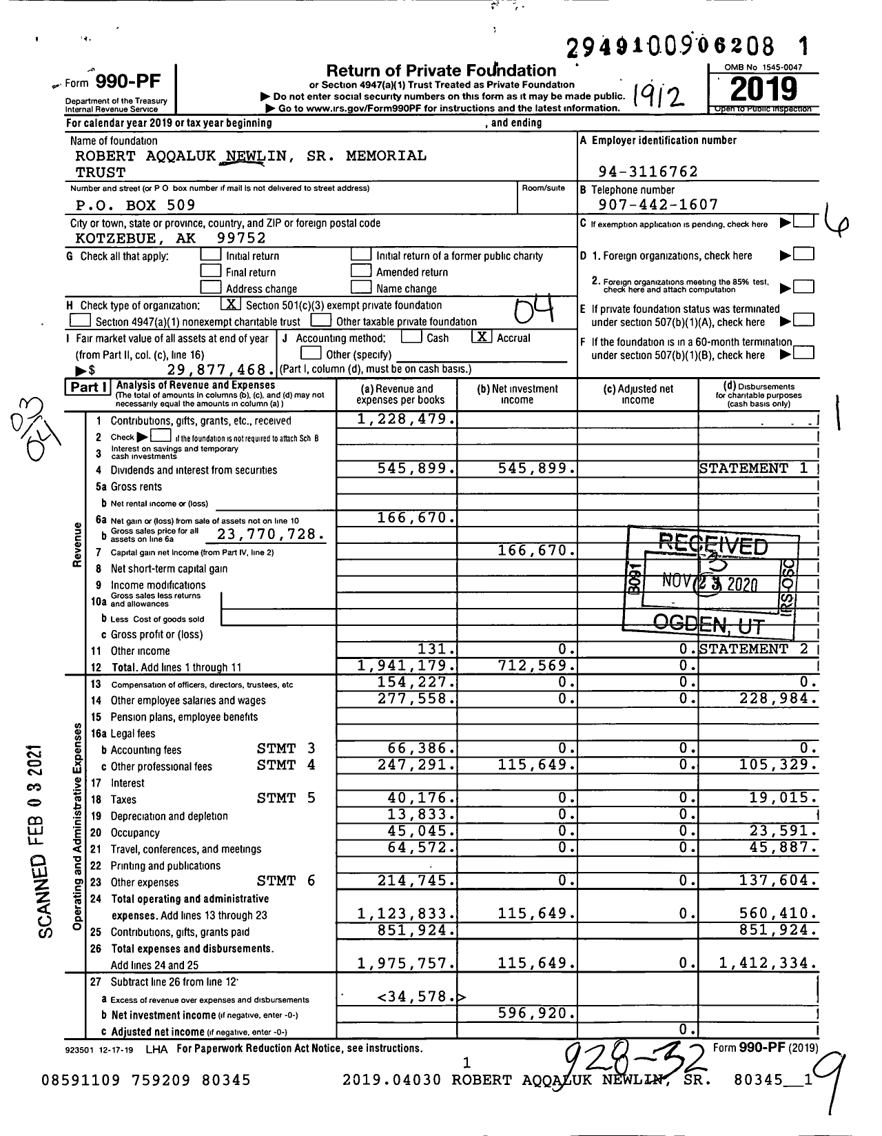 Image of first page of 2019 Form 990PF for Robert Aqqaluk Newlin SR Memorial Trust