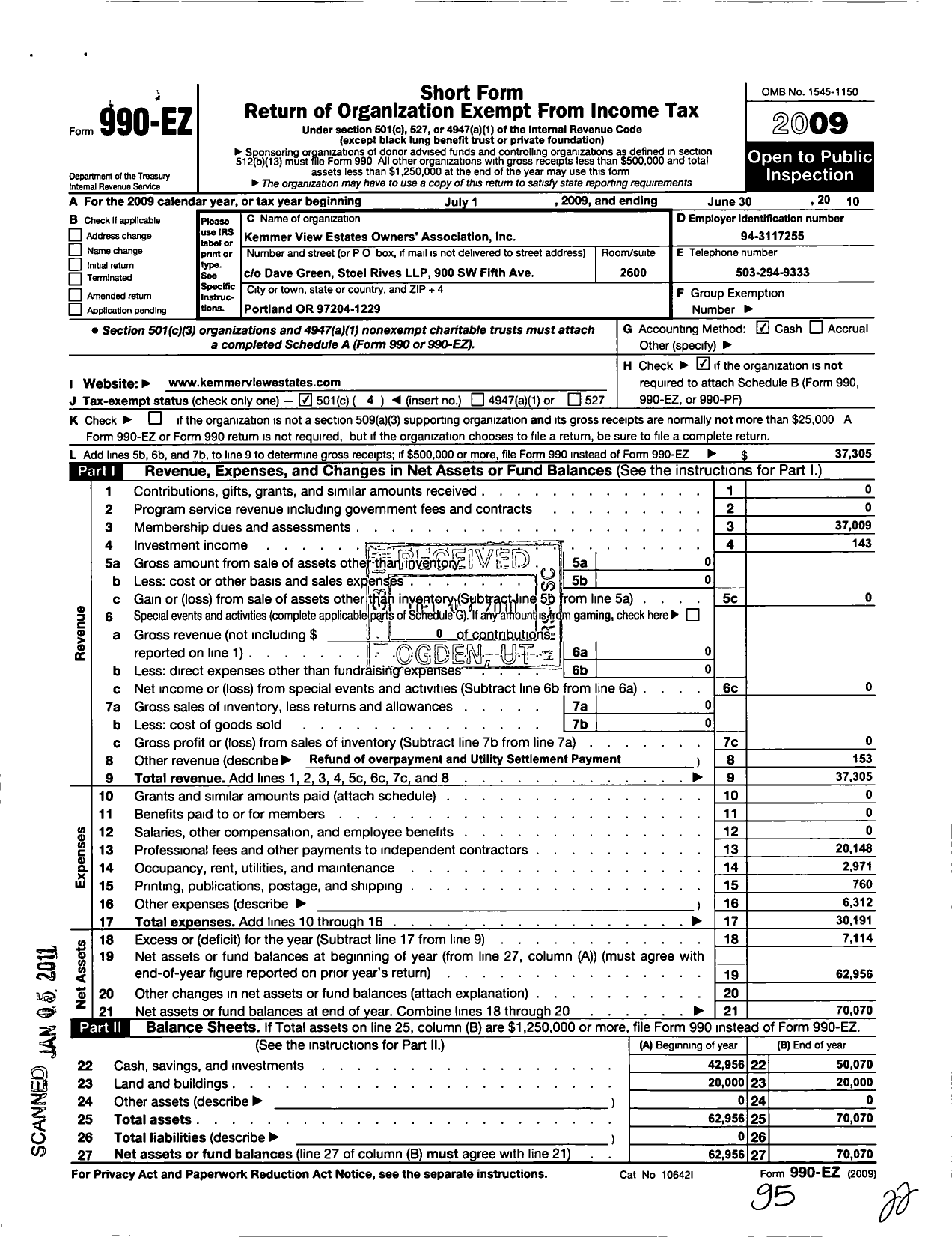 Image of first page of 2009 Form 990EO for Kemmer View Estates Owners Association