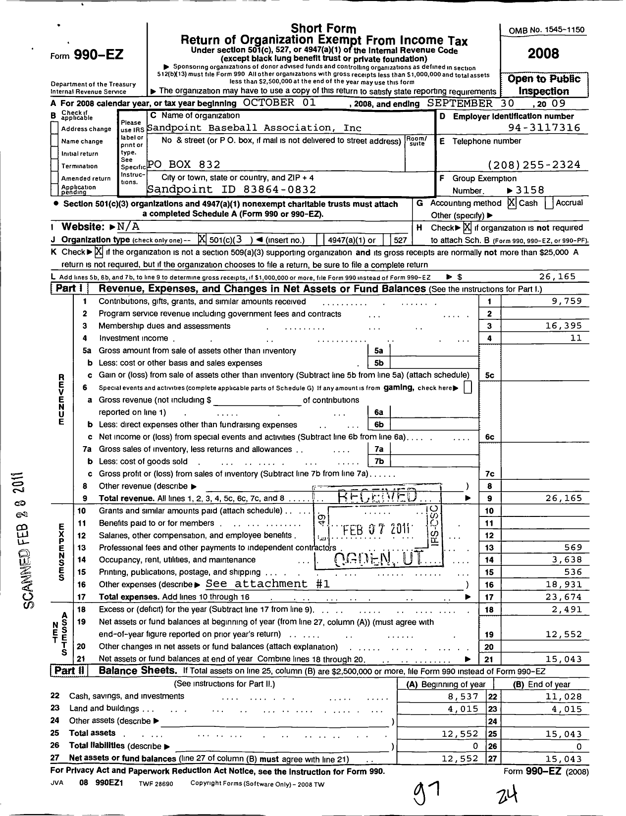 Image of first page of 2008 Form 990EZ for Little League Baseball - 4120110 Sandpoint LL