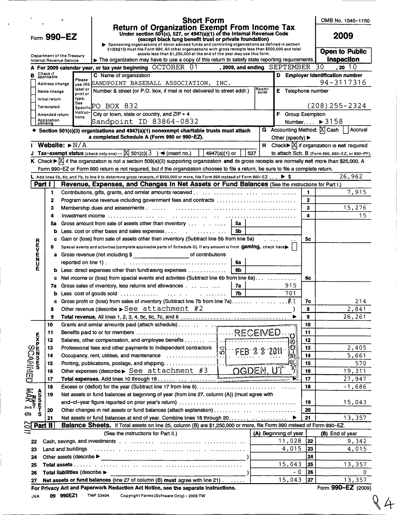 Image of first page of 2009 Form 990EZ for Little League Baseball - 4120110 Sandpoint LL