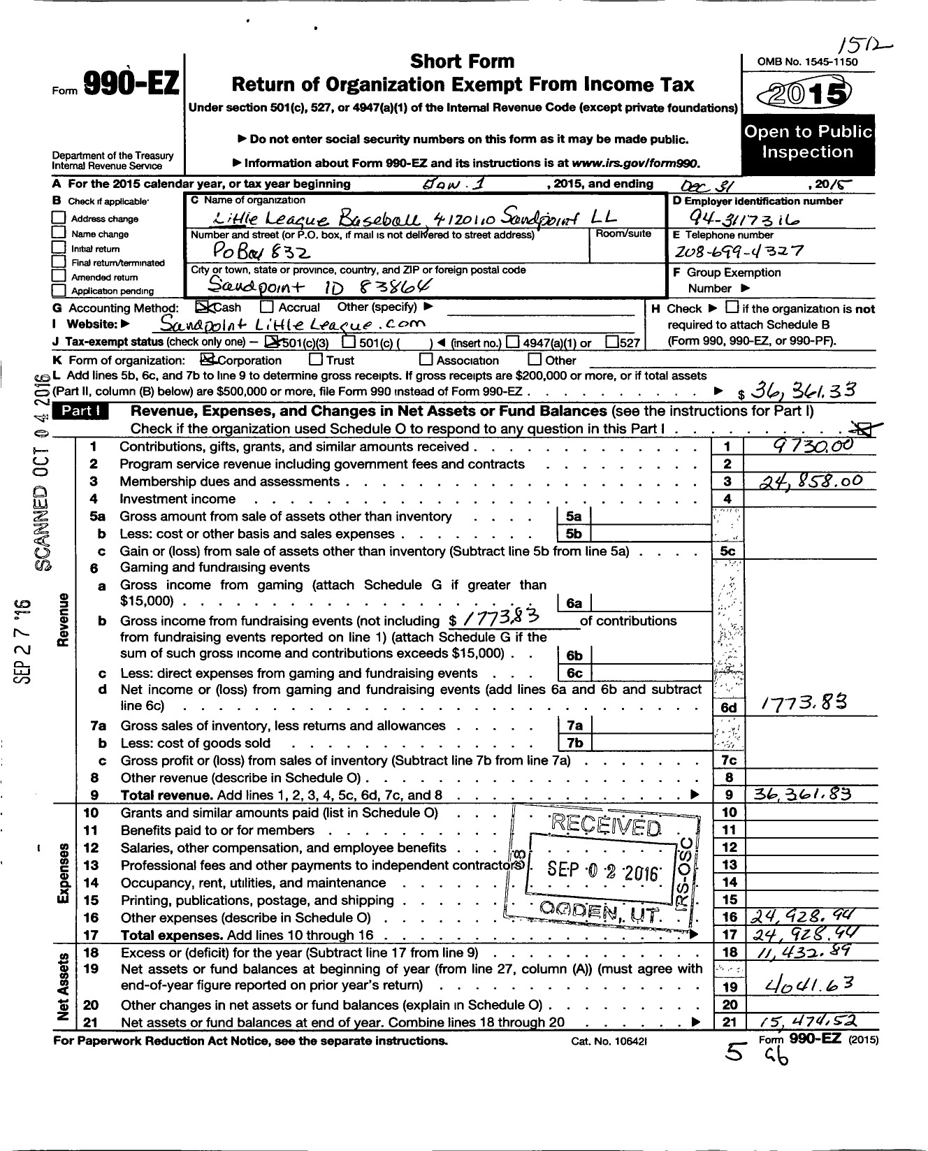 Image of first page of 2015 Form 990EZ for Little League Baseball - 4120110 Sandpoint LL