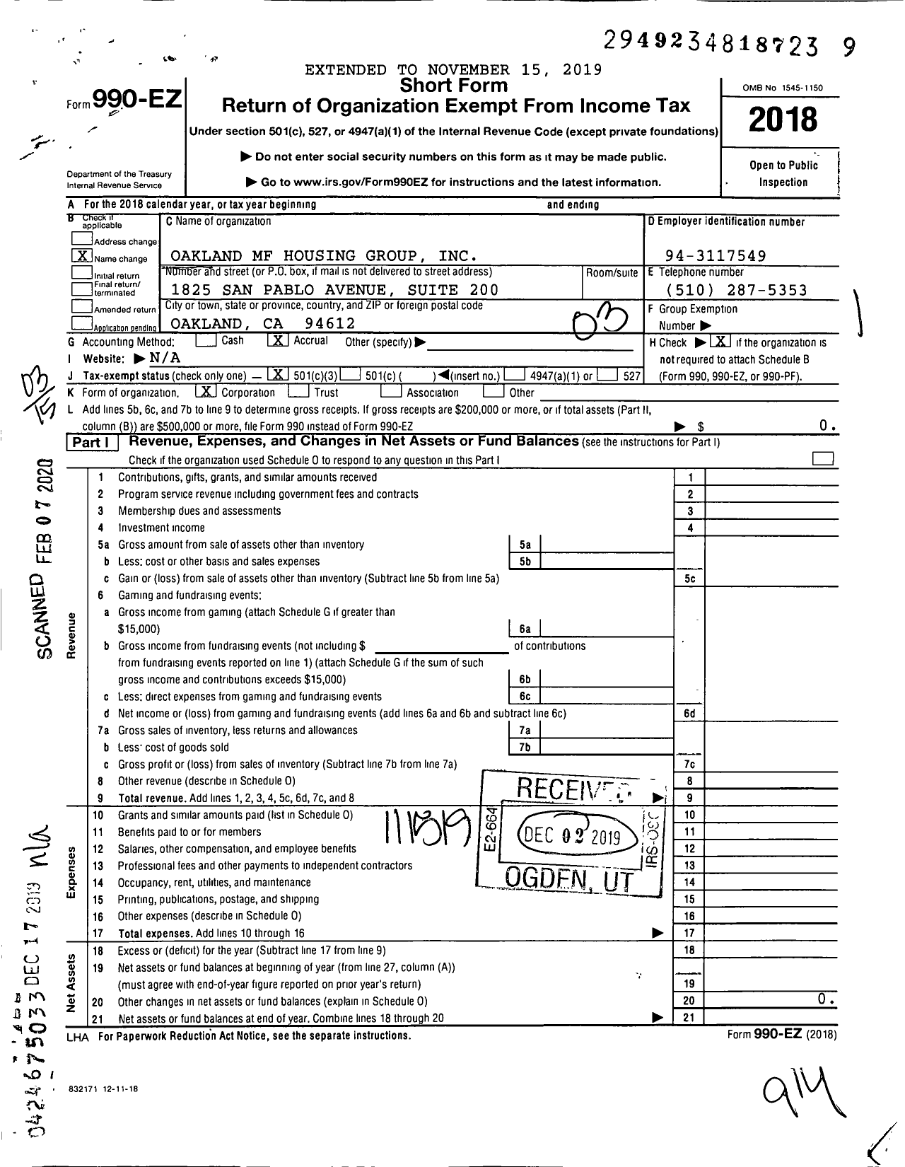 Image of first page of 2018 Form 990EZ for Oakland MF Housing Group