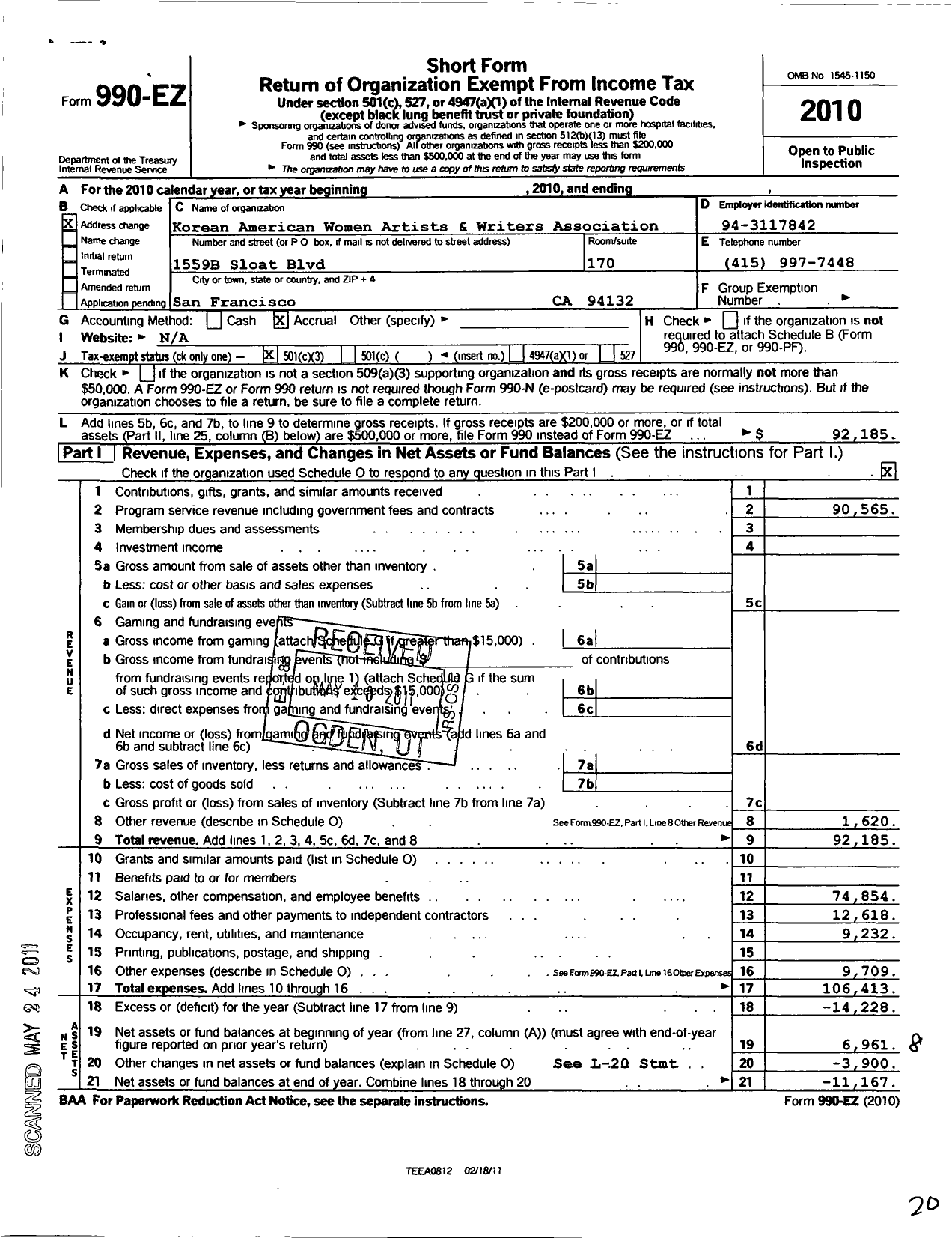 Image of first page of 2010 Form 990EZ for Korean American Women Artists and Writers Association