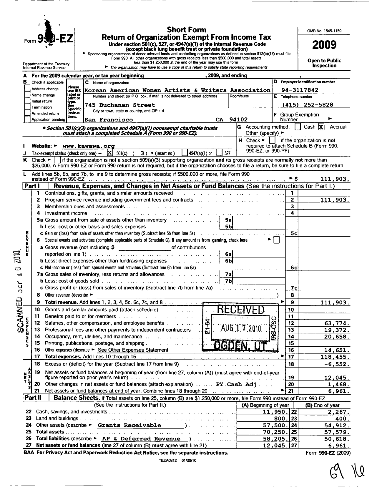 Image of first page of 2009 Form 990EZ for Korean American Women Artists and Writers Association