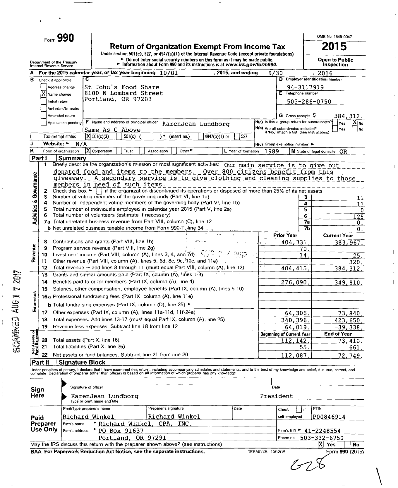 Image of first page of 2015 Form 990 for St Johns Food Share