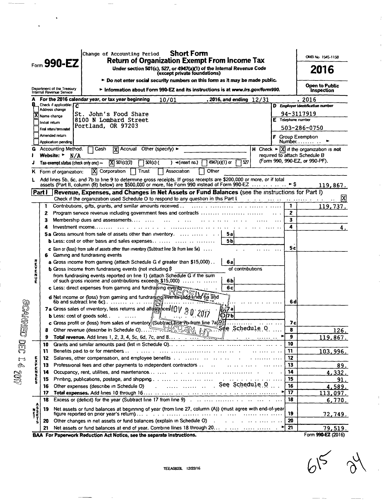 Image of first page of 2016 Form 990EZ for St Johns Food Share