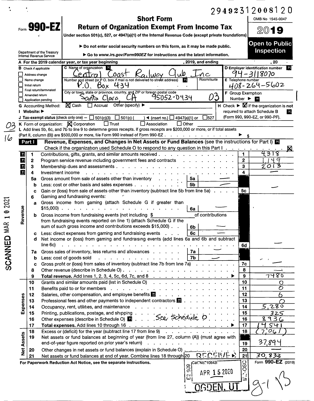 Image of first page of 2019 Form 990EZ for Central Coast Railway Club