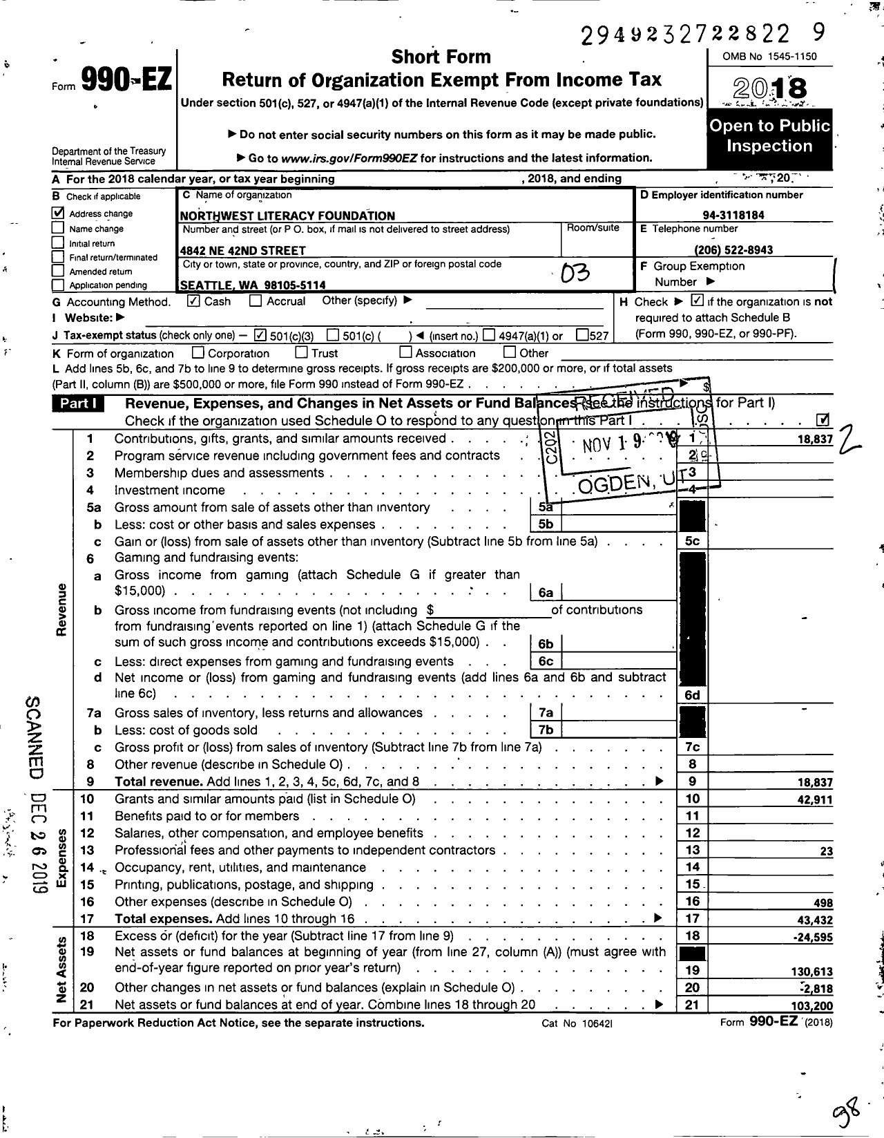 Image of first page of 2018 Form 990EZ for Northwest Literacy Foundation