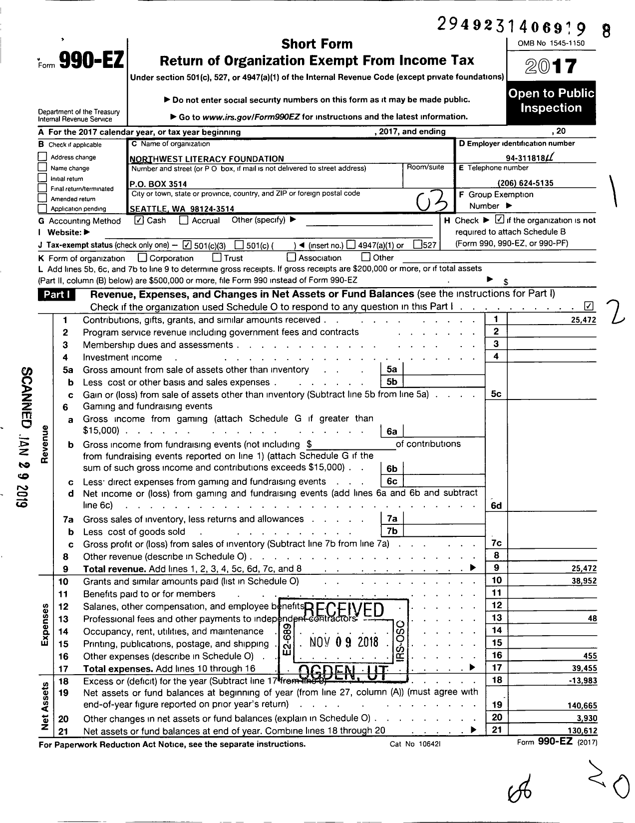 Image of first page of 2017 Form 990EZ for Northwest Literacy Foundation