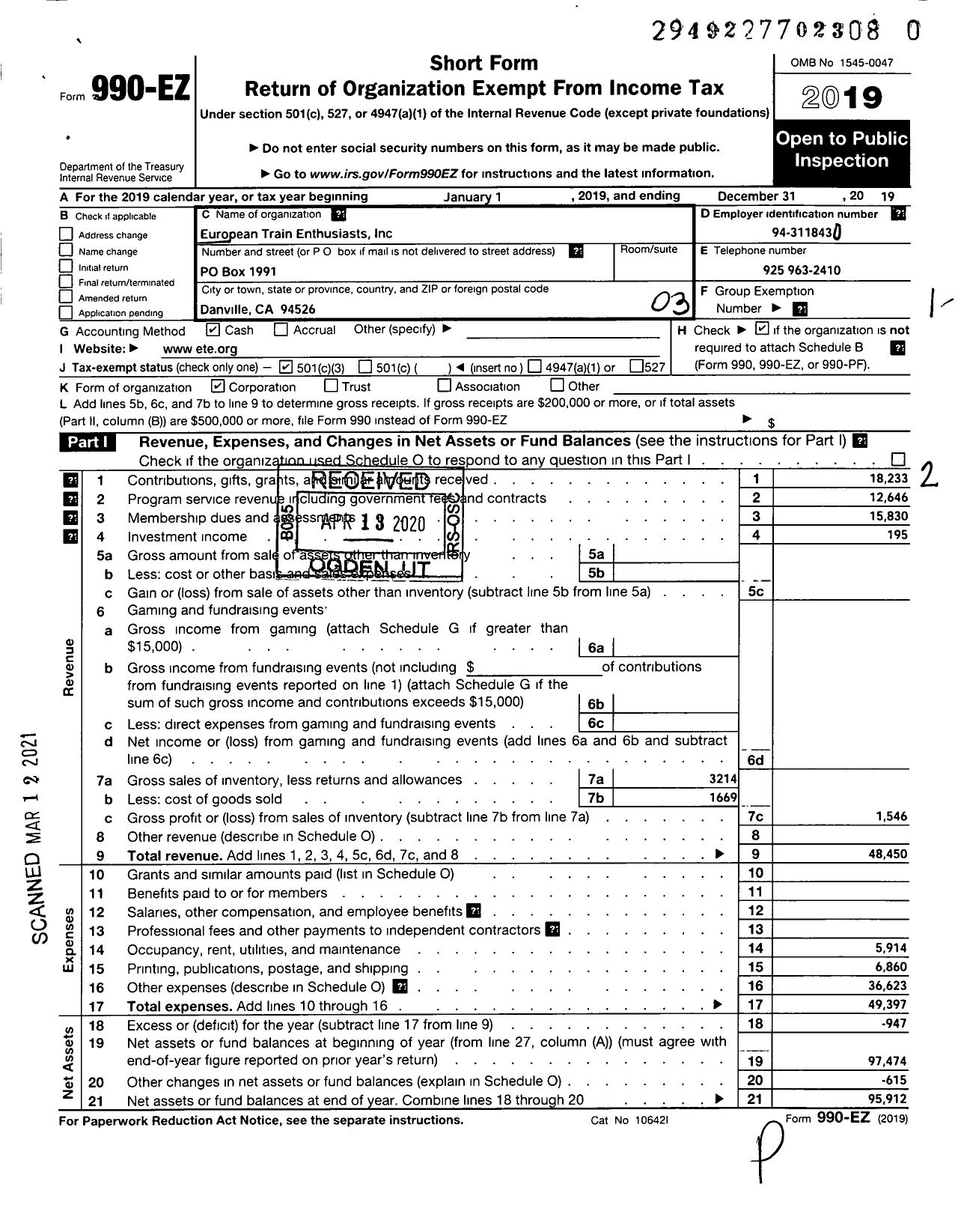 Image of first page of 2019 Form 990EZ for European Train Enthusiasts