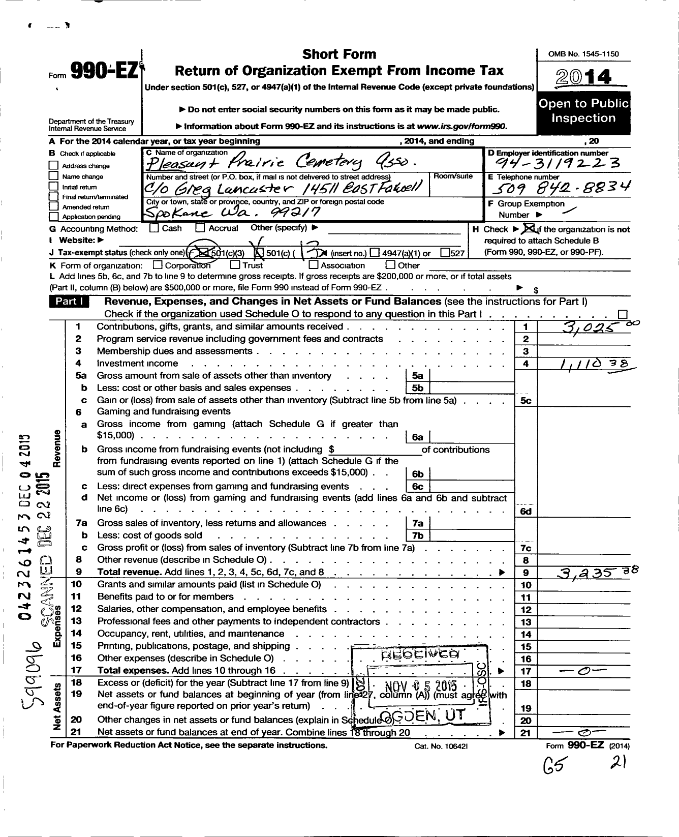 Image of first page of 2014 Form 990EO for Pleasant Prairie Cemetery