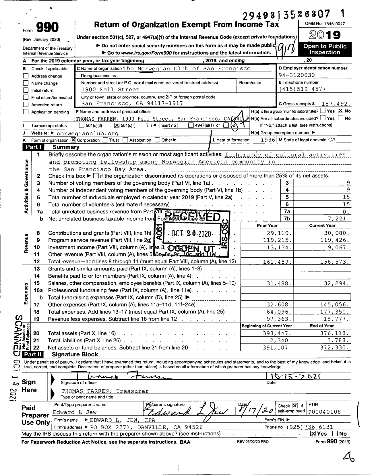 Image of first page of 2019 Form 990O for The Norwegian Club of San Francisco