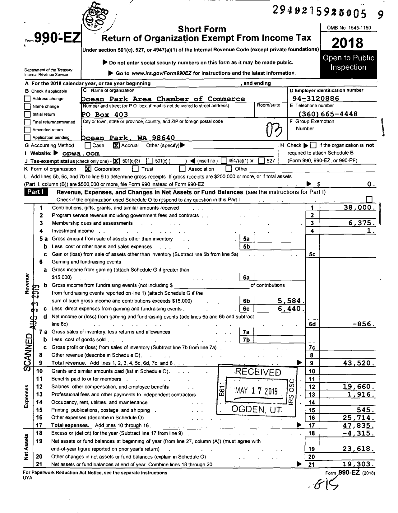 Image of first page of 2018 Form 990EZ for Ocean Park Area Chamber of Commerce