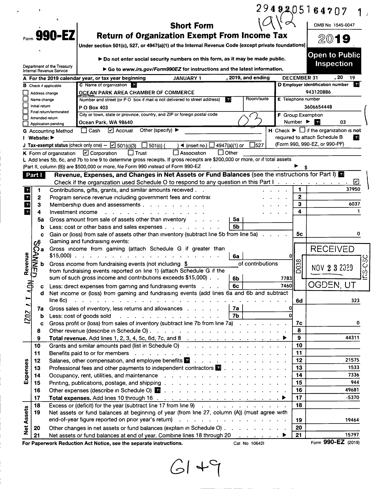 Image of first page of 2019 Form 990EZ for Ocean Park Area Chamber of Commerce