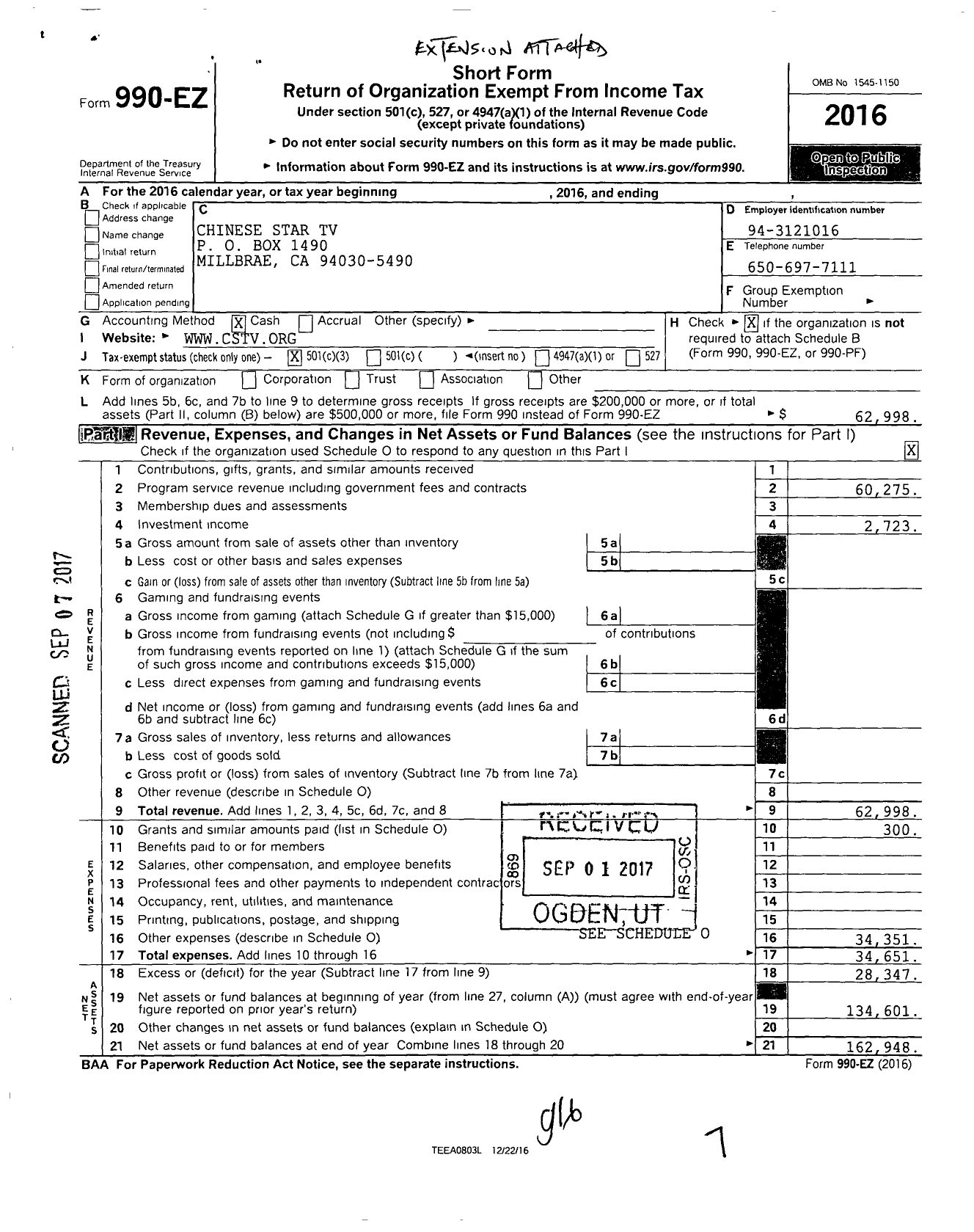 Image of first page of 2016 Form 990EZ for Chinese Star TV