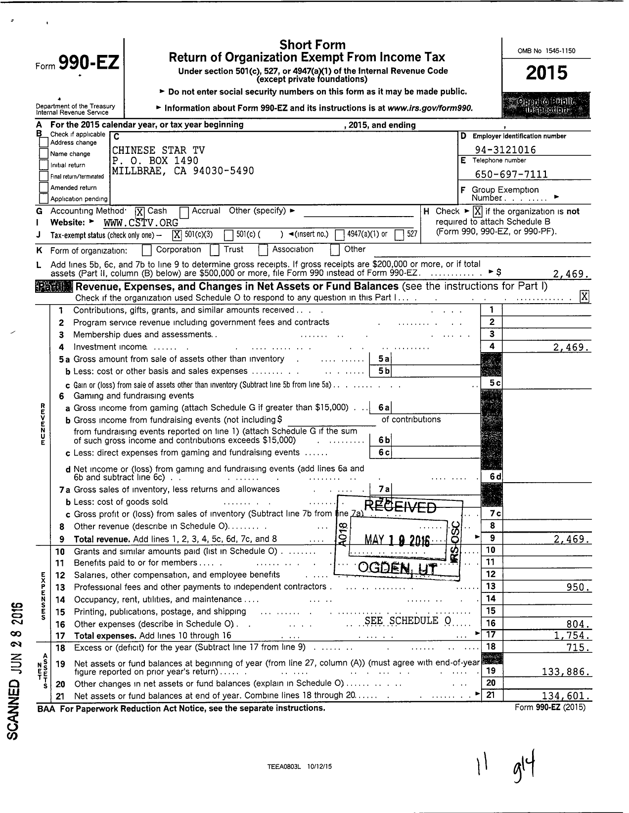 Image of first page of 2015 Form 990EZ for Chinese Star TV